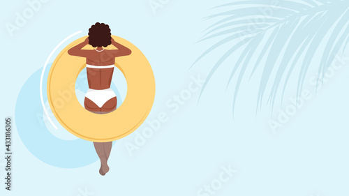 Woman in swimsuit sunbathing and relaxing on inflatable ring. Summer vacation, pool party banner. Top view. Vector illustration.