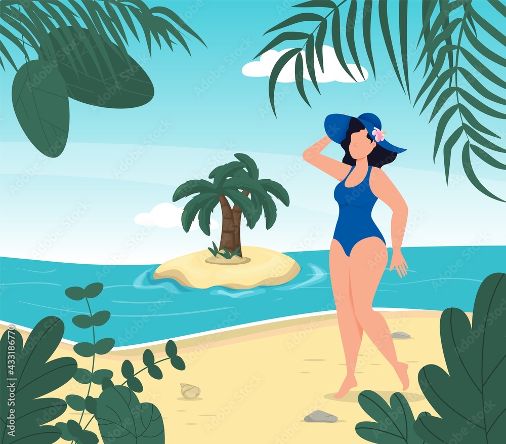 Woman in swimsuit summer hat stand on tropical beach. Blue sea island in the background. Summer vacation concept. Girl in bikini travel sea. Tropical island paradise. Palm leaves, ocean wave seaside.
