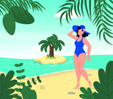 Woman in swimsuit summer hat stand on tropical beach. Blue sea island in the background. Summer vacation concept. Girl in bikini travel sea. Tropical island paradise. Palm leaves, ocean wave seaside.