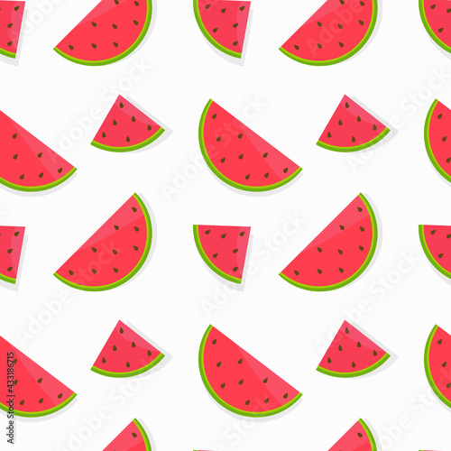 Seamless vector pattern with bright watermelons on a white background Suitable for the design of textile fabric, wrapping paper, and wallpaper for websites. Vector illustration.