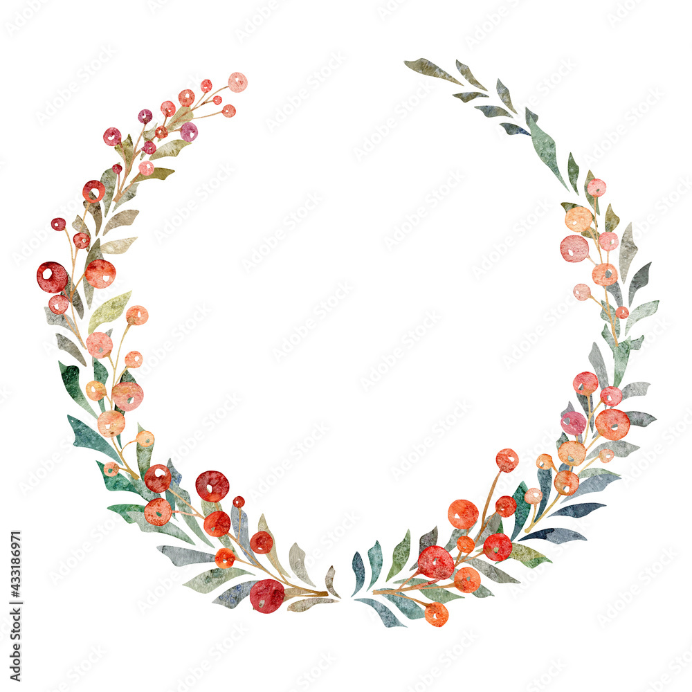 Hand drawn watercolor illustration isolated on white background. Leaves and red berries wreath. Perfect for wedding invitations, greeting cards, blogs, posters and more.