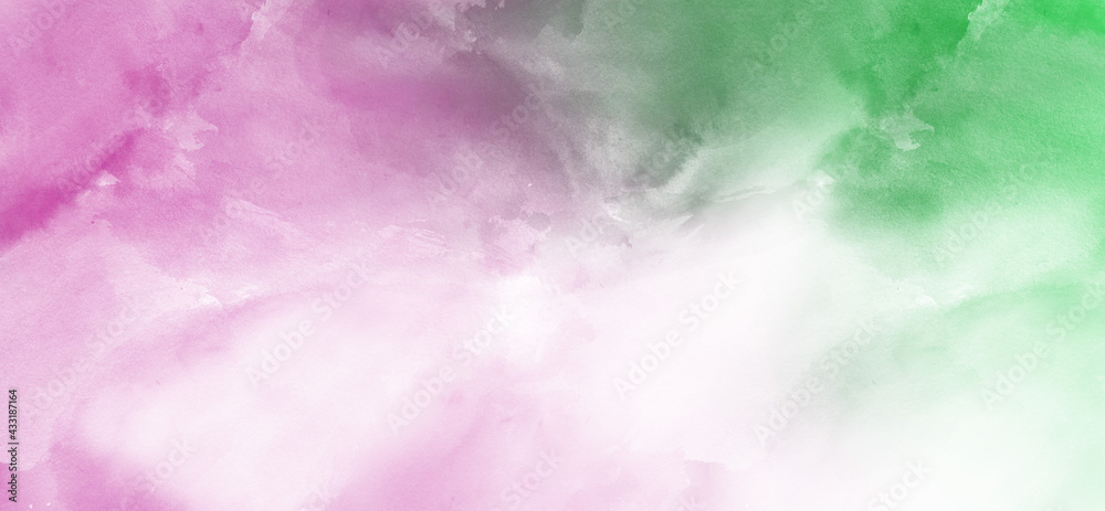 Beautiful purple and green on white watercolor splash paint texture or grunge background