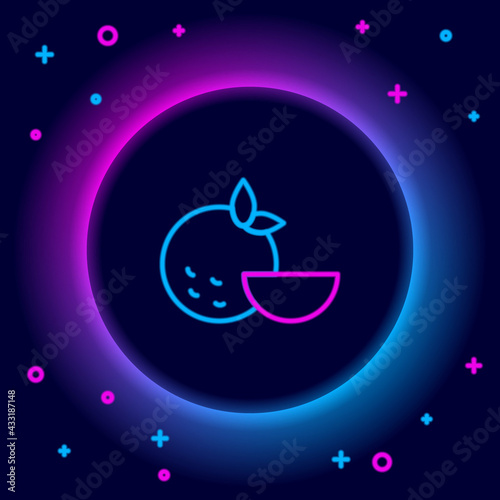 Glowing neon line Orange fruit icon isolated on black background. Colorful outline concept. Vector