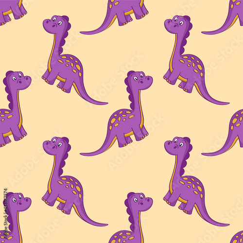 Seamless pattern with cute purple diplodocus on a yellow background. Vector flat illustration.