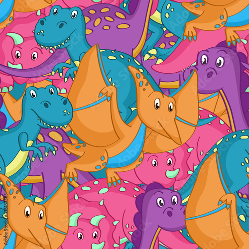 Creative seamless pattern with  colorful dinosaurs. Vector flat illustration.
