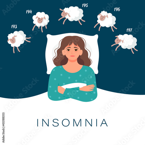 Woman trying to fall asleep counting sheep. Insomnia cause of mental problems, insomniac ideas. Vector illustration in flat style
