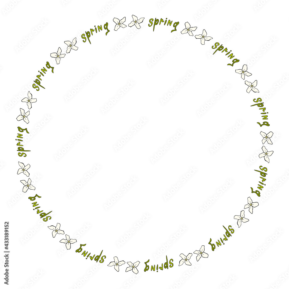 Obraz premium Round frame with spring flowers on white background. Doodle style. Vector image.
