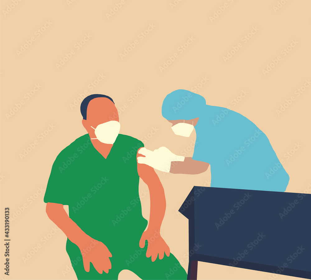 Doctor in medical face mask getting Covid-19 or flu vaccine by professional nurse at the hospital. Protection, Medicine Treatment Concept