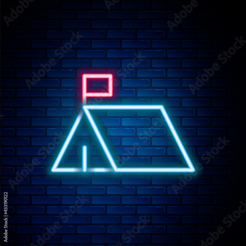 Glowing neon line Protest camp icon isolated on brick wall background. Protesting tent. Colorful outline concept. Vector