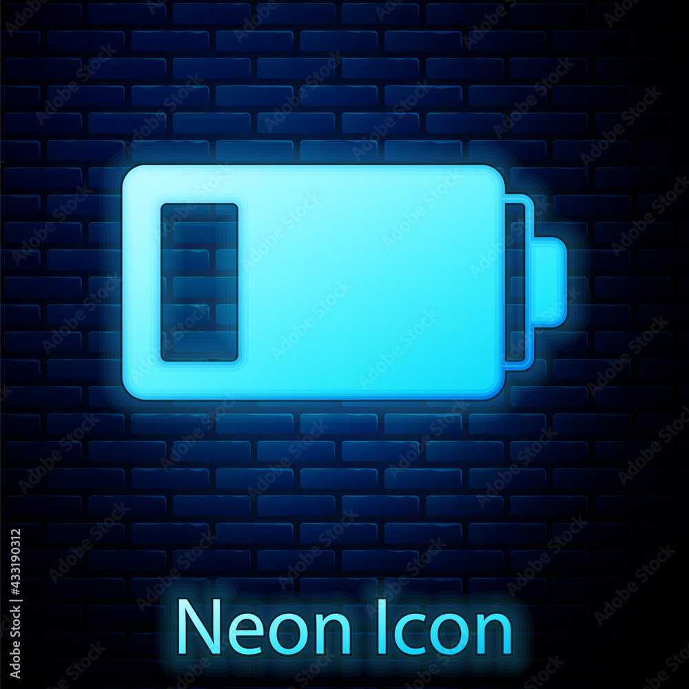 Glowing neon Battery charge level indicator icon isolated on brick wall background. Vector Glowing neon Battery charge level indicator icon isolated on brick wall background. Vector