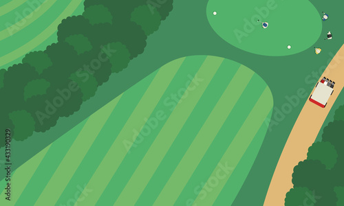 空から見たゴルフコースの風景。ティーショットを打ってる人達のイラスト。