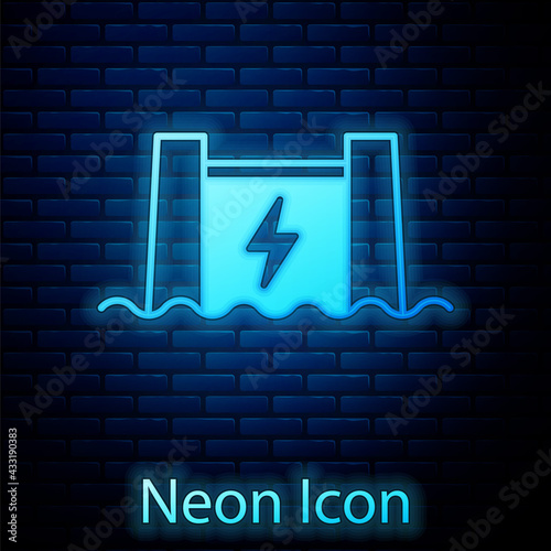 Glowing neon Hydroelectric dam icon isolated on brick wall background. Water energy plant. Hydropower. Hydroelectricity. Vector