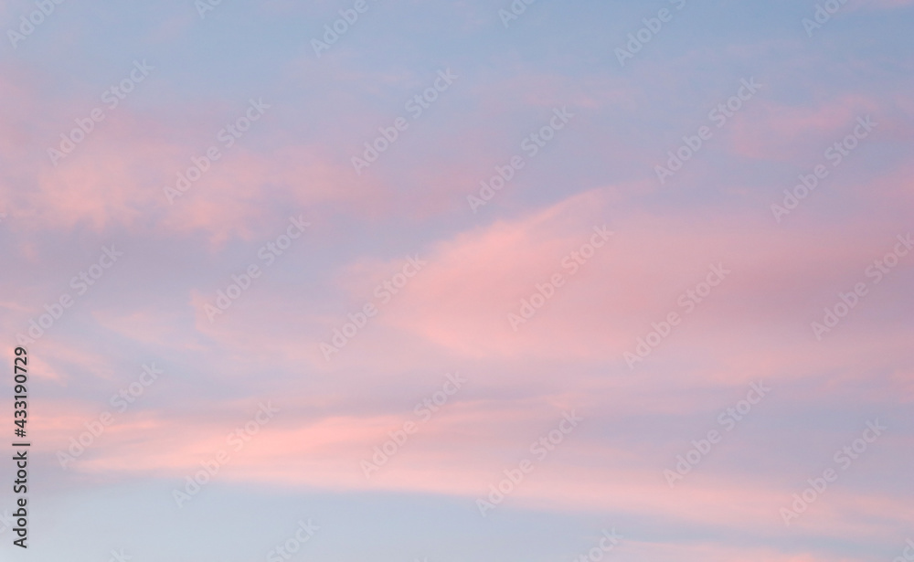 Beautiful image of natural pastel colorful of blue sky and violet clouds in the evening in spring season.  
