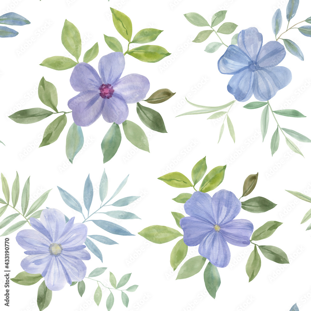 Seamless botanical pattern painted in watercolor. Blue flowers and green leaves on a white background.