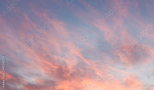 Beautiful image of natural pastel colorful of blue sky and violet clouds in the evening in spring season. © Thipphawan