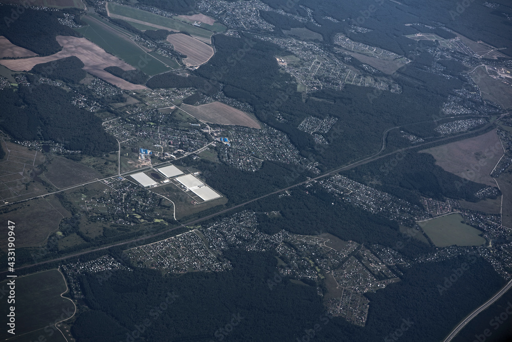  Domodedovo airport. View of the surrounding villages of the airport from an airplane