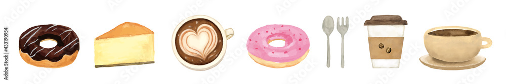 カフェのアイコンセット 水彩イラスト カフェのアイコンセット 水彩イラスト