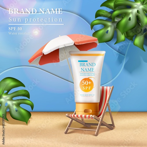 Vector summer sunscreen protection banner with cream bottle on the sunbed under umbrella with sunbeams and tropical leaves. 