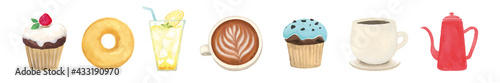 カフェのアイコンセット　水彩イラスト
