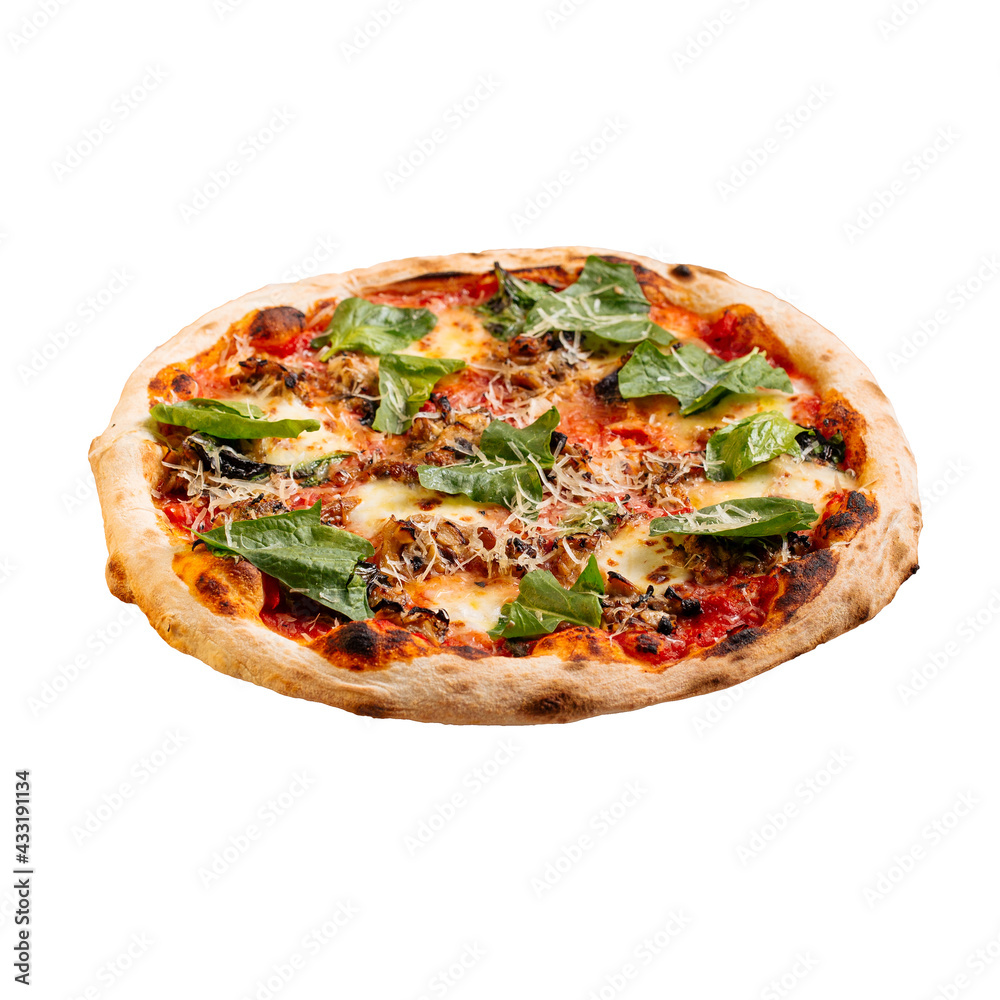 Isolated spinach pizza with olives and cheese on the white background Isolated spinach pizza with olives and cheese on the white background