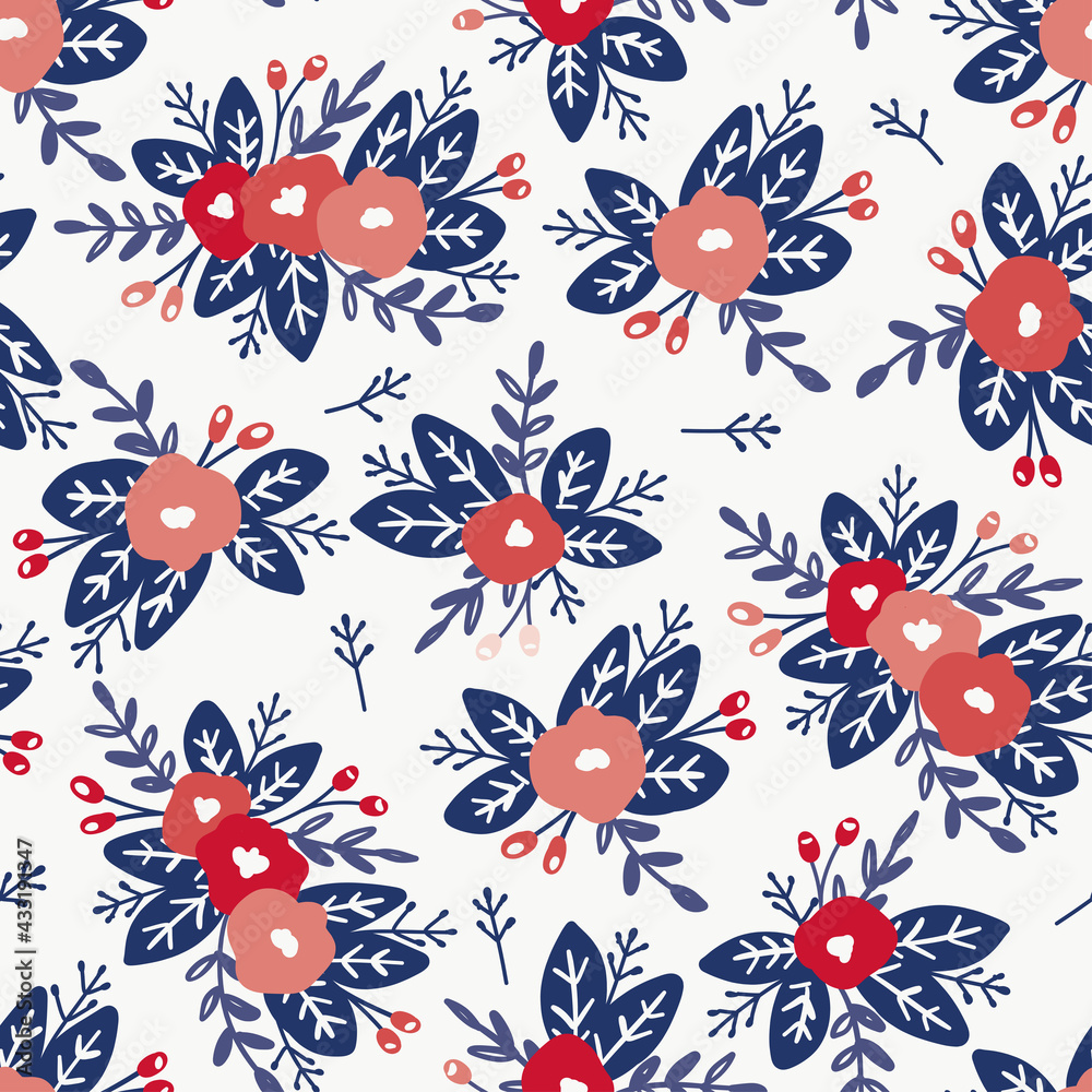 Blue, white and red floral seamless pattern. Vector repeat design in the colors of the flags of America, France, UK, Norway, Netherlands, Australia and Thailand for patriotic holidays decorations