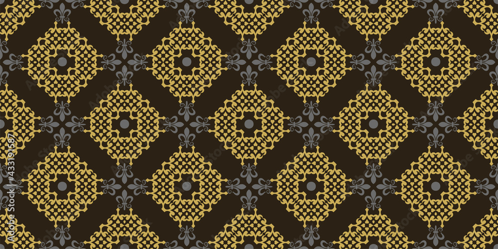 Background pattern in vintage style with geometric ornament on a black background, wallpaper. Seamless pattern, texture. Vector illustration for design.