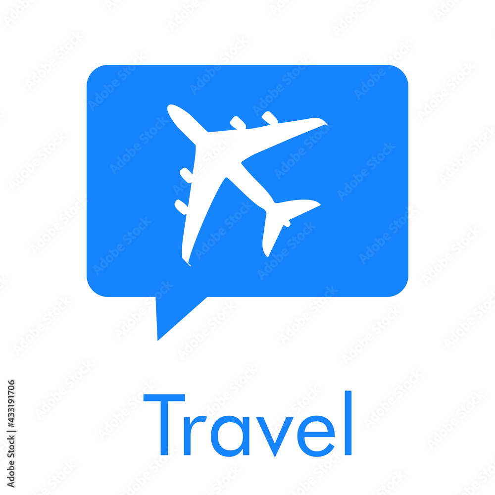 Logotipo con texto Travel y silueta de avión en burbuja de habla en color azul