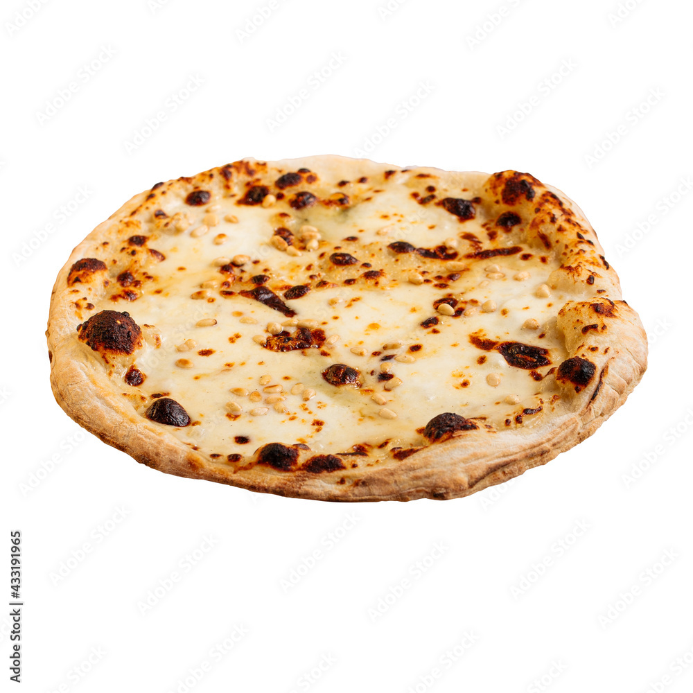 Isolated fresh baked cheesy pizza on the white background