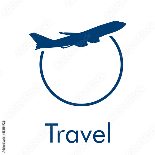 Logotipo con texto Travel y silueta de avión en círculo en color azul