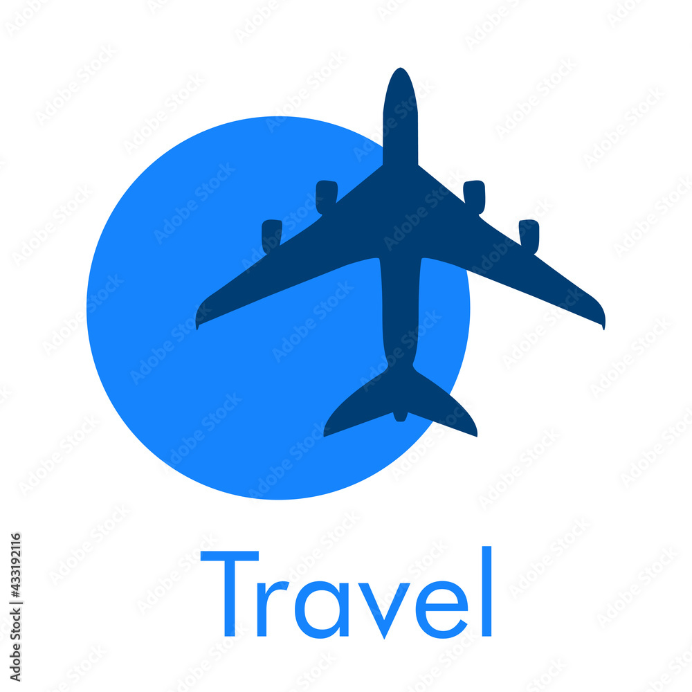 Logotipo con texto Travel y silueta de avión en círculo en color azul
