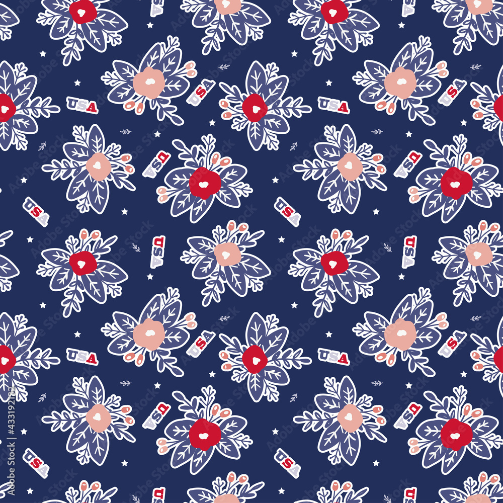 America's patriot vector seamless pattern for 4th of July holiday decoration with USA typography, stars and flowers. Red, pink and navy repeat design for fabric or flyer background.