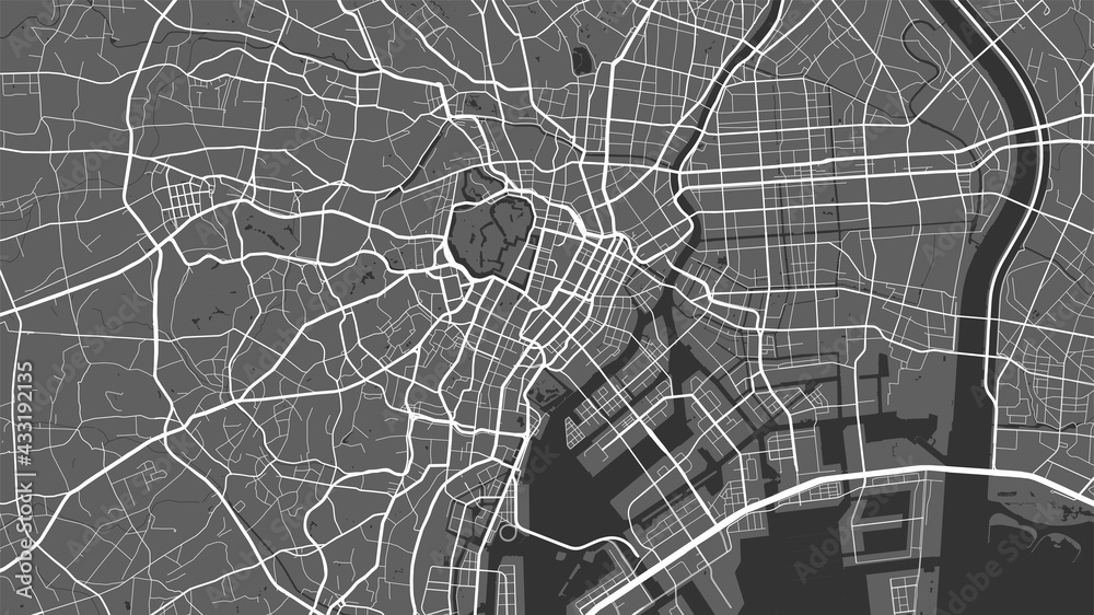 Black and white Tokyo city area vector background map, streets and water cartography illustration. Black and white Tokyo city area vector background map, streets and water cartography illustration.