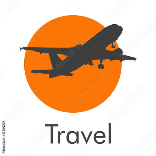 Logotipo con texto Travel y silueta de avión en círculo en color gris y naranja