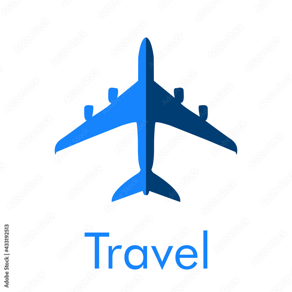 Logotipo con texto Travel y silueta de avión en color azul Logotipo con texto Travel y silueta de avión en color azul