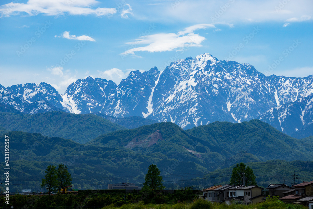 Tateyama mountain range seen from Toyama plain in Toyama, Japan. Turugi, Tateyama, atc. 富山平野から見た立山連峰。富山県。剱、立山など