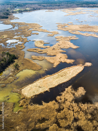 Aerial view of Kanieris lake in sunny spring day, Latvia