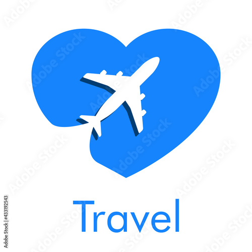 Logotipo con texto Travel y silueta de avión con sombra en corazón en color azul