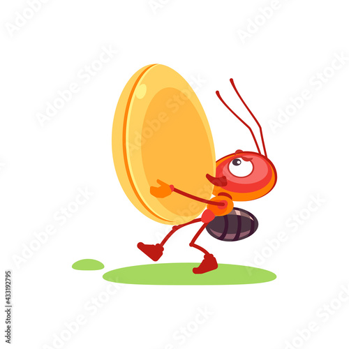 The ant can hardly carry large food to the anthill. Cartoon character design vector illustration isolated on white background