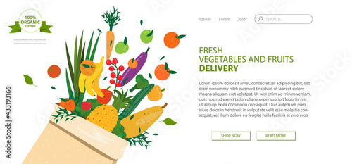 Web page design template for grocery store, online market, farm, home delivery fresh vegetables and fruits. Vector illustration for website development, app mobile. Fresh organic food in cardboard bag