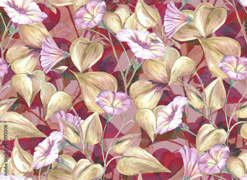 Herbal seamless pattern with painted stems, leaves and flowers of pink loach. Digital art background. Print for paper and fabric. Trendy surface textile design