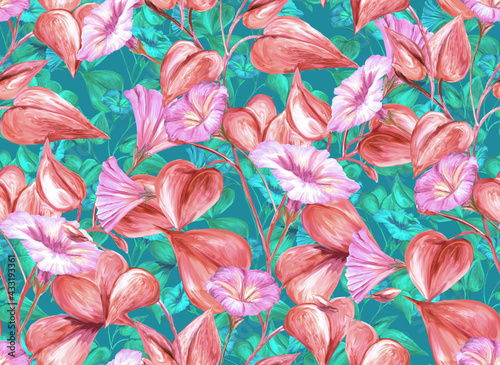 Herbal seamless pattern with painted stems, leaves and flowers of pink loach. Digital art background. Print for paper and fabric. Trendy surface textile design