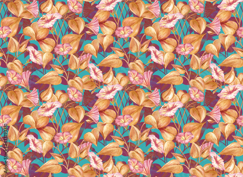 Herbal seamless pattern with painted stems, leaves and flowers of pink loach. Digital art background. Print for paper and fabric. Trendy surface textile design