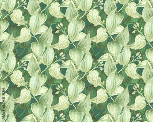 Herbal seamless pattern with painted flowers and leaves of tropical plants. Digital art background with floral pattern. Print for paper and fabric. Trendy surface textile design with pastel colors