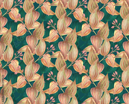 Herbal seamless pattern with painted flowers and leaves of tropical plants. Digital art background with floral pattern. Print for paper and fabric. Trendy surface textile design with pastel colors