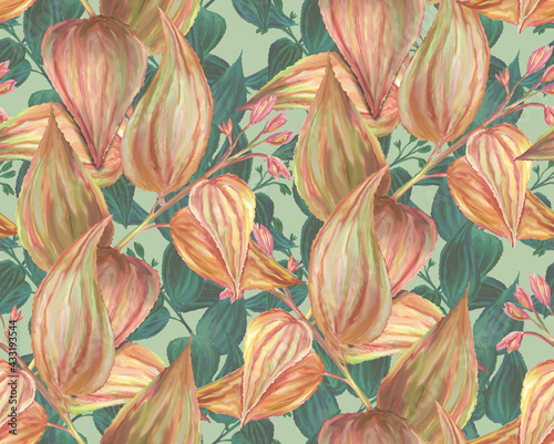 Herbal seamless pattern with painted flowers and leaves of tropical plants. Digital art background with floral pattern. Print for paper and fabric. Trendy surface textile design with pastel colors