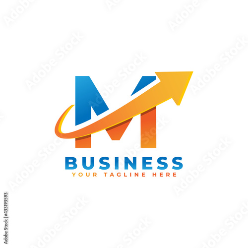 Letter M with Swoosh Arrow Up Logo Design. Creative Letter Mark Suitable for Company Brand Identity, Travel, Start up, Logistic, Business Chart or Graph Logo Template