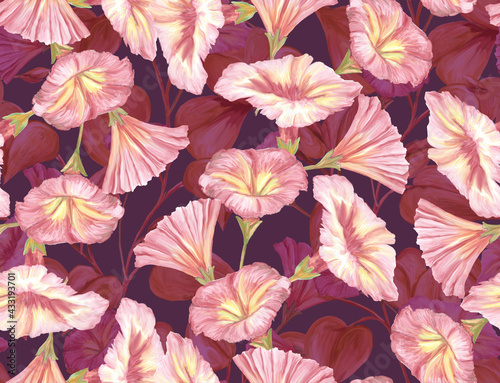 Herbal seamless pattern with painted stems, leaves and flowers of pink loach. Digital art background. Print for paper and fabric. Trendy surface textile design