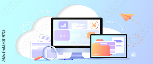 Concept web design, website page development. The working process. Template landing page for website. Web development, optimization, user experience. Website layout elements, photo, data transfer.