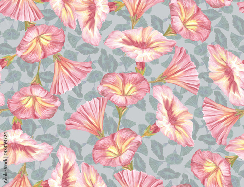 Herbal seamless pattern with painted stems, leaves and flowers of pink loach. Digital art background. Print for paper and fabric. Trendy surface textile design