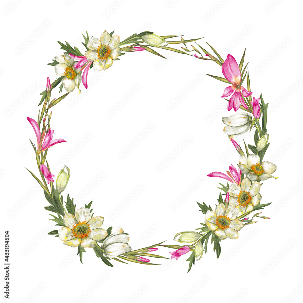 Fototapeta premium Spring, summer floral wreath of pink gladiolus, white-yellow anemone flowers. Delicate meadow wildflowers in round frame. Wedding decor. Watercolor hand painted isolated elements on white background.